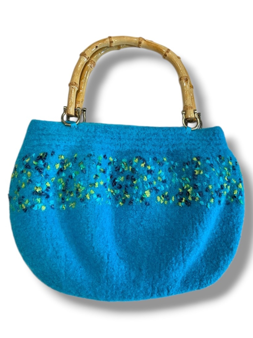 Handmade Knitted Felted Handbag Purse Wood Handle Bag Blue